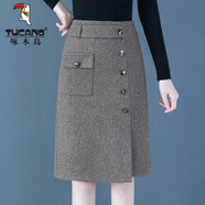 啄木鳥(niǎo)毛呢半身裙女秋冬季2024年新款顯瘦中長(cháng)款包臀裙時(shí)尚a字一步裙子 麻色 XL