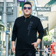 豪朗格 特大碼翻領(lǐng)t恤男長袖寬松加肥加大胖子有領(lǐng)上衣肥佬秋裝體恤195 黑色不加絨 7XL