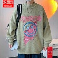 雙面刃胖子大碼潮流涂鴉bf風(fēng)毛衣男秋冬季設(shè)計(jì)感小眾打底針織衫歐美高街大碼外套肥仔大碼男 灰綠色 L