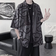 暢登冰絲襯衫男七分袖夏季薄款小熊襯衣外套韓版設計感小眾夏季襯衫潮 灰色【169款】 M