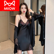 貓人（MiiOW）睡衣女夏季冰感2026新款蕾絲春夏款吊帶仿仿真絲睡裙睡袍兩件套 P8008黑色 L
