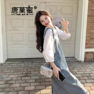 唐菓蜜牛仔背帶裙女夏季2024新款女裝韓系氣質(zhì)減齡學(xué)院風(fēng)學(xué)生連衣裙夏天 白色上衣+牛仔背帶裙 XL