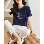 梵希蔓質(zhì)感藝術(shù)繡花短袖T恤女夏季新款直筒顯瘦百搭正肩上衣 V8888 藏青色 S