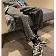 熙敘晨韓版高街開(kāi)叉毛邊牛仔褲女春秋新款ins寬松學(xué)生顯瘦闊腿微喇長(cháng)褲 3312+腰帶 S