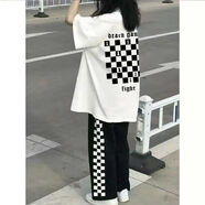 莜仙格夏季韓版女學(xué)生寬松短袖t恤黑白格子衣服ins潮女閨蜜情侶顯瘦上衣 白色T恤上衣[面料] S _60-85斤