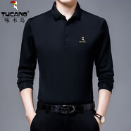 啄木鳥（TUCANO）冰絲長(zhǎng)袖t恤男翻領(lǐng)POLO體恤衫中年寬松秋衣免燙爸爸裝男打底上衣 黑色 XL (175) 建議135-150斤