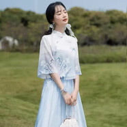 妍莉芬（yanlifen）新中式禪意茶服旗袍套裝女日常改良漢服文藝國風(fēng)顯瘦溫柔連衣裙夏 藍(lán)色上衣+藍(lán)色半裙 L