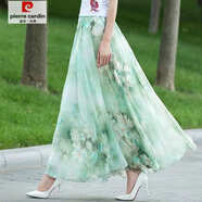 皮爾卡丹（pierre cardin）夏季新款淑女白色碎花雪紡半身裙高腰大碼A字氣質(zhì)長(cháng)裙大擺裙 綠百合【裙長(cháng)90cm】 M 80-100斤