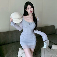 桃伊悠（taoyiyou）純欲辣妹網紗拼接長袖連衣裙女裝秋冬性感露背蝴蝶結裙子包臀短裙 藍色 L 建議100-110斤