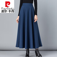 皮爾卡丹（pierre cardin）2023秋冬毛呢格子半身裙女百搭高腰A字裙中長款加厚顯瘦大號長裙 深藍(lán)色 2XL
