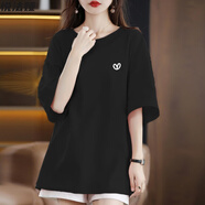 悅法婭純棉短袖t恤女中長(cháng)款2025夏季新款遮臀簡(jiǎn)約百搭寬松半袖衣服女裝 黑色 2XL 【140-160斤】