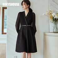 ROEYSHOUSE羅衣知性拼接雪紡連衣裙女春裝新款氣質(zhì)V領(lǐng)黑色A字裙05987 黑色黑色（不配送腰帶） S