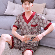 凱瑞絲雅睡衣男士夏季仿真絲短袖短褲家居服薄款絲綢夏天加大碼冰絲套裝 短袖V領菱形-棗色 男(XL碼)