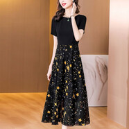 坦博朗（TANBOLANG）碎花連衣裙中長(zhǎng)裙2023夏季流行女裝新款氣質(zhì)收腰顯瘦假兩件裙子 黑色 L 建議105-115斤