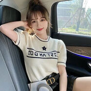 東刻短袖女學(xué)生潮2024春秋法國(guó)小眾設(shè)計(jì)師款五角星提花泡泡袖顯瘦毛衣 白色 L