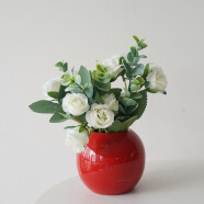 LmDec.花瓶带仿真花套装摆件绿植盆栽迷你花瓶陶瓷假花电视柜搁板装饰品 红色小花瓶加白玫瑰