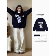 魯雅爾藏青色小雪人針織打底衫毛衣女秋冬季慵懶風(fēng)上衣服休閑寬松外套潮 藏青色 常規 M