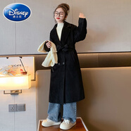 迪士尼（Disney）童裝女童毛呢外套2025新款大童女裝秋裝雙面妮子大衣兒童長(zhǎng)款風(fēng)衣 黑色【23252腰帶款】 尺碼偏大半 140 cm