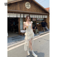 鏡莎法式吊帶連衣裙女夏季2024新品設(shè)計(jì)感氣質(zhì)收腰前短后長(zhǎng)仙女中長(zhǎng)裙 米杏色 均碼（可備注碼數(shù)）