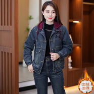 忻依美加絨牛仔短款外套女2024冬季新款時(shí)尚洋氣毛領(lǐng)加厚顯瘦夾克上衣 牛仔藍(lán)(帽子款) XL 【100-115斤】