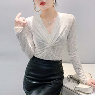 瑤益秋冬性感不規則V領(lǐng)蕾絲打底衫女長(cháng)袖網(wǎng)紅緊身內搭洋氣上衣T恤女潮 米白色 M