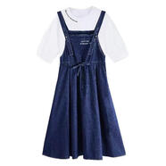 蘭威費雷新款少女夏季中學(xué)生牛仔連衣裙大童初中生中長(cháng)款收腰背帶裙女 深藍色背帶裙加短袖 S 70-90斤