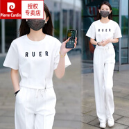 皮爾卡丹（pierre cardin）夏季棉料運動服套裝女2025新款收腰顯瘦短袖上衣闊腿褲氣質兩件裝 白色 【上衣+褲子】 L (建議100-110斤)
