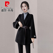 皮爾卡丹（pierre cardin）高檔雙面毛呢外套女短款2024春秋新款女裝小個子氣質收腰呢子大衣 黑色夾薄棉細毛呢 XS 建議85-斤左右