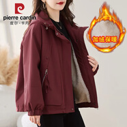 皮爾卡丹加絨加厚短款派克服外套女棉服2025冬季新款寬松連帽休閑工裝棉衣 安哥拉紅 S 建議90-110斤