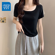 真維斯（JEANSWEST）方領(lǐng)短款t恤女2025夏季新款設(shè)計(jì)感小眾修身顯瘦版短袖女裝上衣服 黑色 純色 XL