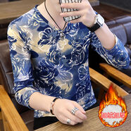 貝吉棋古惑仔霸氣紋身男印花衣服男長袖V字領(lǐng)緊身T恤潮加絨加厚打底衫 藍色妖姬加(絨)(長)袖 M