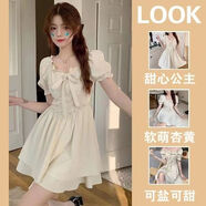 詩(shī)蒂淑 青春少女溫柔風(fēng)純欲小個(gè)子修身韓版高端夏季2025蝴蝶結短連衣裙 米白色 M