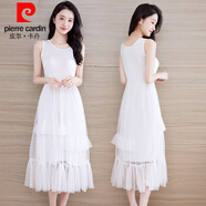 皮爾卡丹（pierre cardin）背心網(wǎng)紗連衣裙2024新款收腰顯瘦仙女紗裙中長款吊帶打底裙 白色9199蛋糕裙 M:100-115斤