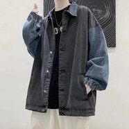 巨楠春秋季新款港風(fēng)牛仔外套男寬松潮牌百搭大碼男裝工裝夾克牛仔衣 5185黑灰色 XL