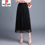 皮爾卡丹（pierre cardin）蕾絲半身裙中長款兩面穿2025秋冬新款黑色a型顯瘦純色高腰百褶裙 黑色 均碼 85-145斤