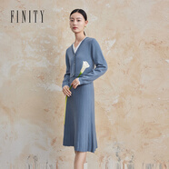 FINITY品牌假兩件連衣裙冬季時(shí)尚高腰V領(lǐng)拼接裙子女 藍色 XL