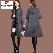 皮爾卡丹（pierre cardin）羊毛針織開衫中長款女士碼大秋冬裝加厚過膝連帽大衣洋氣毛衣外套 灰色 4XL