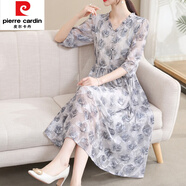 皮爾卡丹（pierre cardin）法式木耳領(lǐng)碎花連衣裙女夏季新款高端大牌真|絲桑蠶|絲A字中長款 玫瑰 3XL 120-135斤