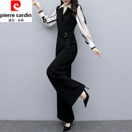 皮爾卡丹（pierre cardin）春秋季新款連體褲女韓版時尚休閑黑色連衣褲高腰闊腿褲套裝顯瘦 黑色 拼條紋345款 M 95-105斤