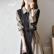 YXHK連衣裙女2022春秋季新款條紋撞色格紋H型寬松可調節腰帶連衣裙 咖啡色 M