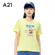 A21新款春秋季休閑百搭短袖女裝針織合體圓領(lǐng)短袖印花T恤衫上衣 淺黃綠 M
