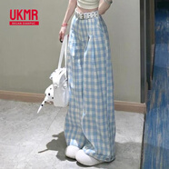UKMR藍(lán)白格子闊腿褲女夏季設(shè)計感高腰寬松垂感拖地小清新休閑顯瘦長褲 藍(lán)白格子 S 建議85斤內(nèi)