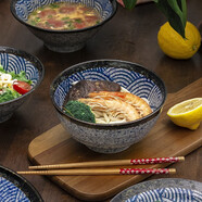 美濃燒（Mino Yaki）日式精美 實(shí)用餐具大號家用陶瓷海波紋 5.5英寸面碗【13.9CM*7.3CM】