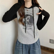 歐洛黛長(cháng)袖t恤女2025春秋女裝新款韓版百搭顯瘦時(shí)尚連帽休閑上衣女秋裝 灰色連帽長(cháng)T XL