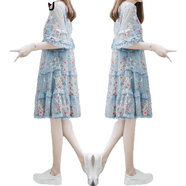 OVMATTU輕奢潮牌連衣裙女夏季2022年新款氣質(zhì)韓版減齡寬松顯瘦碎花雪紡短款裙子女 天藍色 2XL
