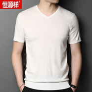 恒源祥（HYX）V領(lǐng)短袖毛衣男秋冬薄款潮流休閑純色寬松100羊毛針織衫半袖T恤 米白 M 105