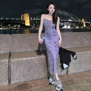 莜仙格2025春夏季新款彈力網(wǎng)紗印花抽褶紫色吊帶連衣裙扎染修身包臀裙女 紫色【長(cháng)款】 2XL (建議126-135斤)