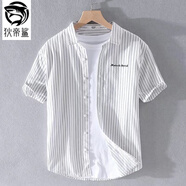 狄帝鯊日系條紋刺繡短袖襯衫男士夏季休閑百搭青年文藝范寬松半袖襯衣潮 揭潮坊-80110-白色 3XL 【180-200斤】