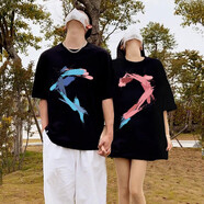 JSRXOQ瑯琊情侶服飾愛心涂鴉情侶裝重磅T恤圓領(lǐng)短袖一男一女款ins夏套裝 黑T/男/藍(lán)涂鴉+黑T/女/粉涂鴉 男S(80-95斤)