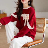 燕潯慵懶風(fēng)紅色大版毛衣女2025秋冬新款韓系菱形寬松洋氣針織衫女上衣 蝴蝶結(jié) M (建議80-120斤)